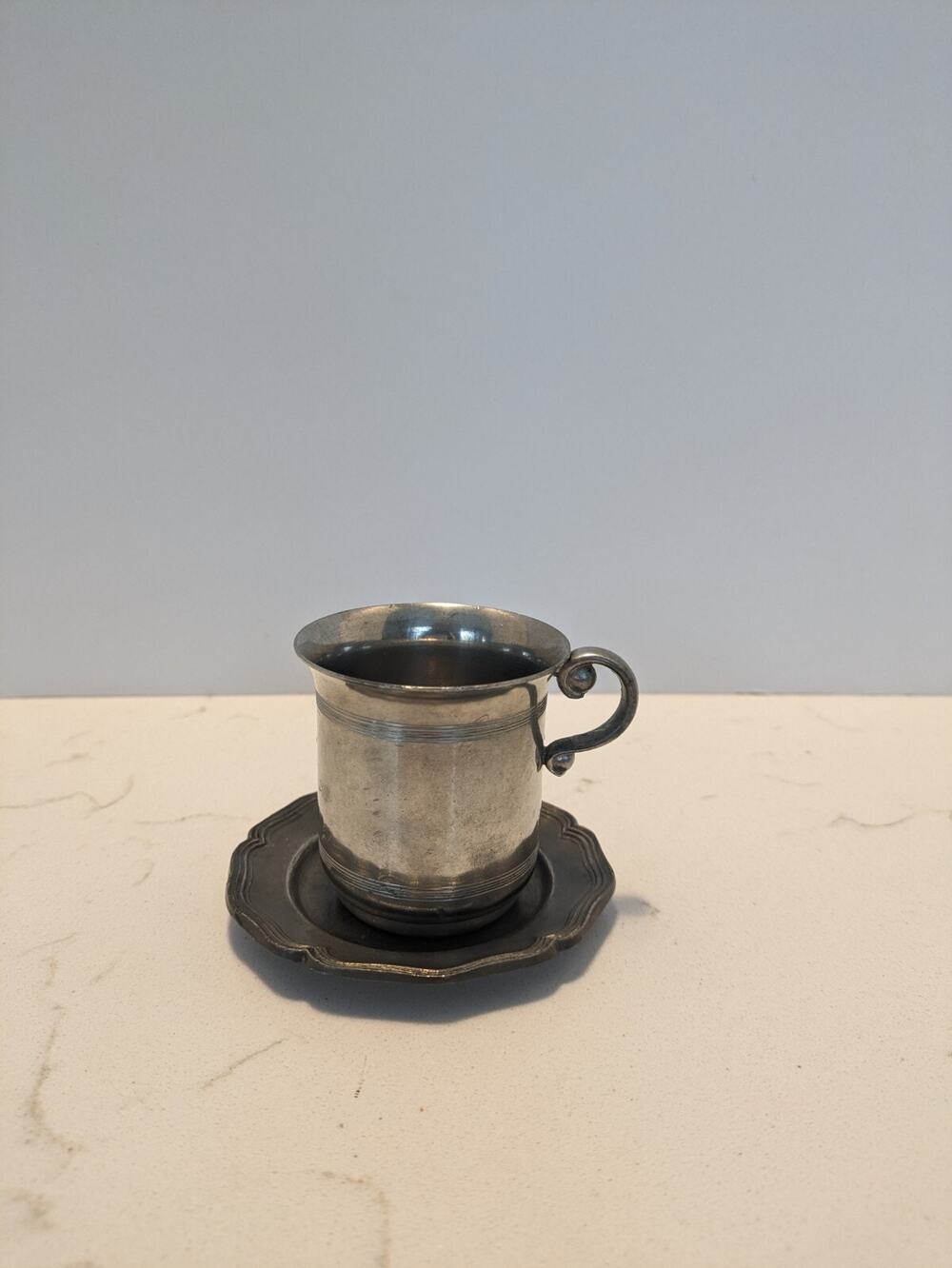 Vintage Child's Pewter Cup And Saucer Not A Matching Set. Royal Holland Pewter